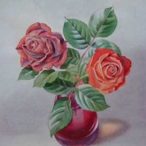 Roses in Red Vase