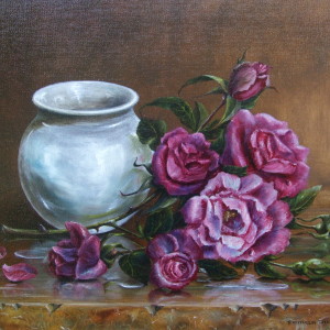 Pink Roses and White Pot