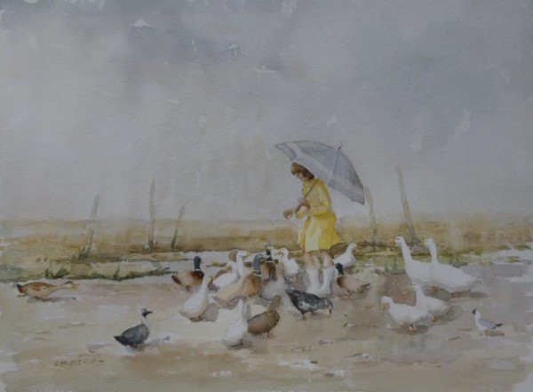 X (SOLD) Feeding the Ducks in the rain, (possibly at Salthouse, Norfolk?)