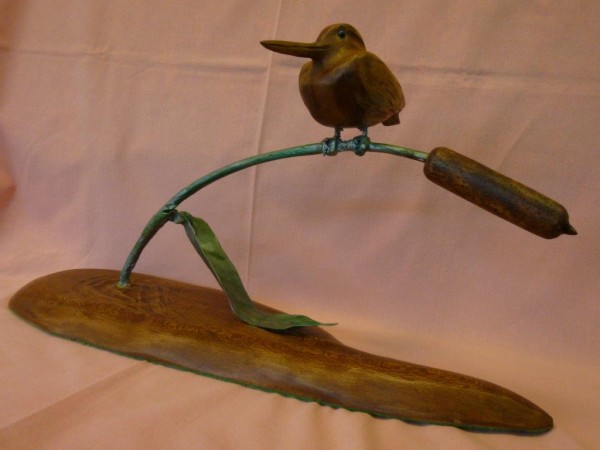 X (SOLD) Kingfisher on Green Bull Rush stem (Lace wood Cherry)