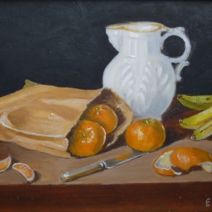 X (SOLD) Bag of Oranges, Bananas with White Jug