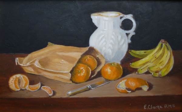 X (SOLD) Bag of Oranges, Bananas with White Jug