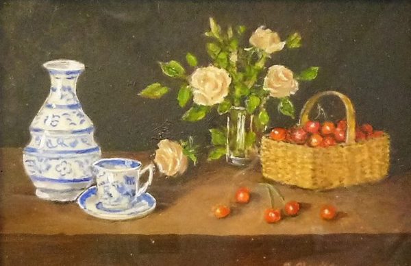 This miniature was painted in 2017 when the artist was in her 98th year  – Blue China, Cream Roses with Cherries