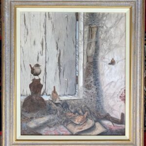 “A” – New Painting – Hunkering Down (Winter Wrens) Showing the Frame