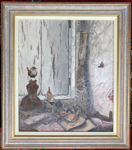 “A” – New Painting showing the frame of Hunkering Down (Winter Wrens)